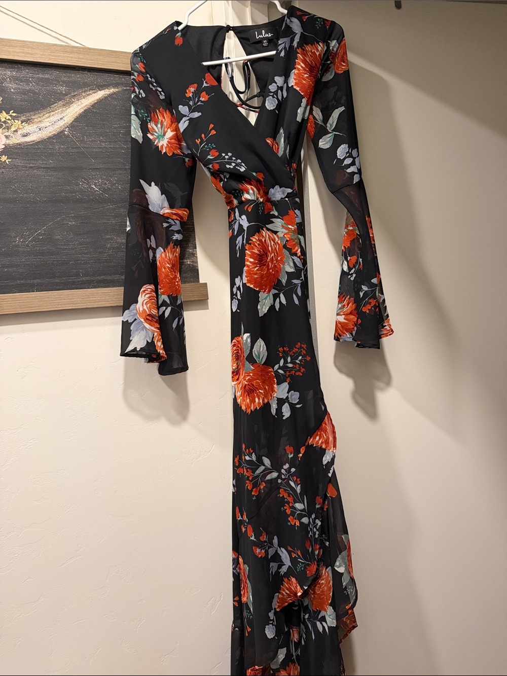Lulu's Black Floral Wrap Maxi Dress with Orange Blooms and Green Leaves